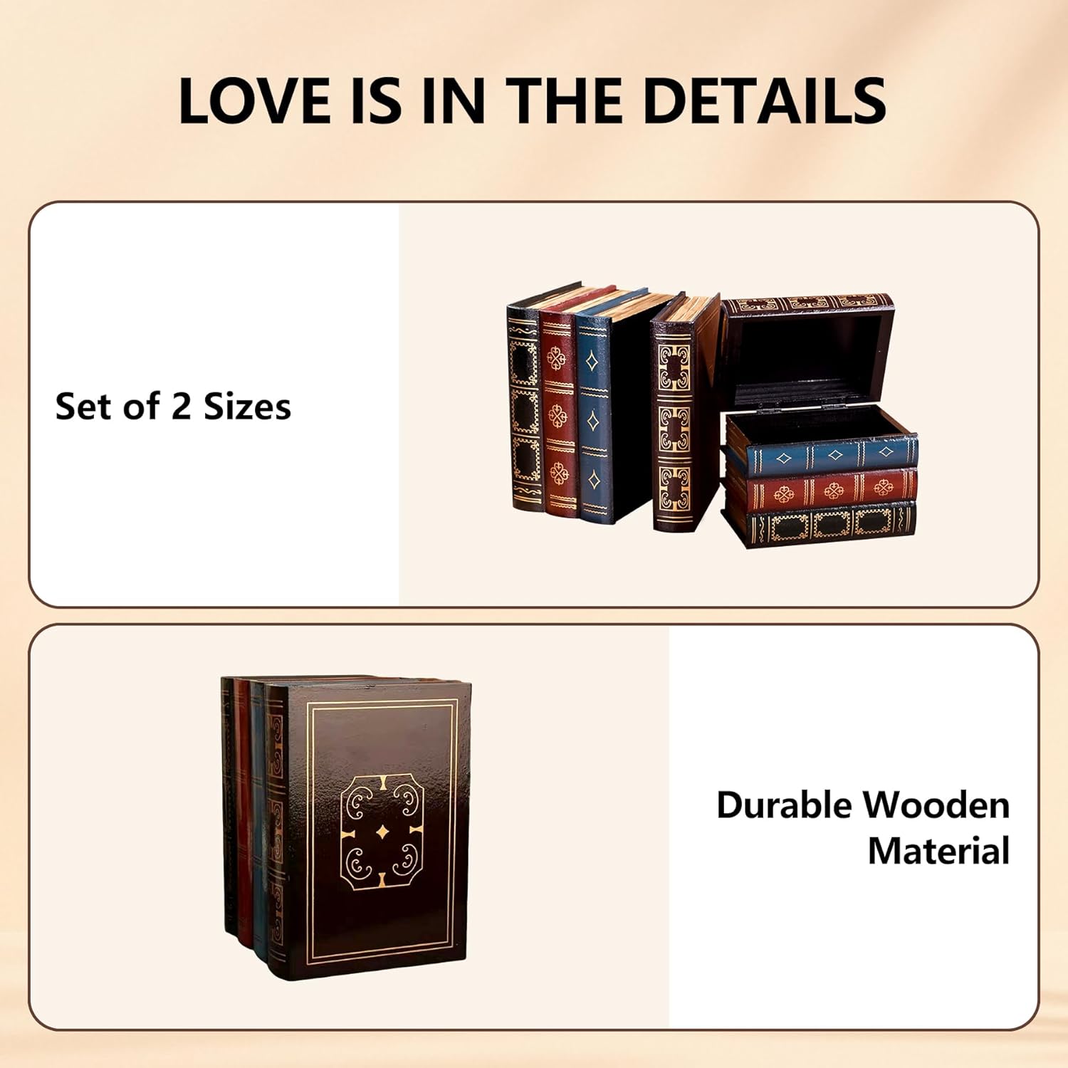 Wooden False Book Box Storage Box / Brown / 7.87 x 6.3 x 5.51 / Set of 2