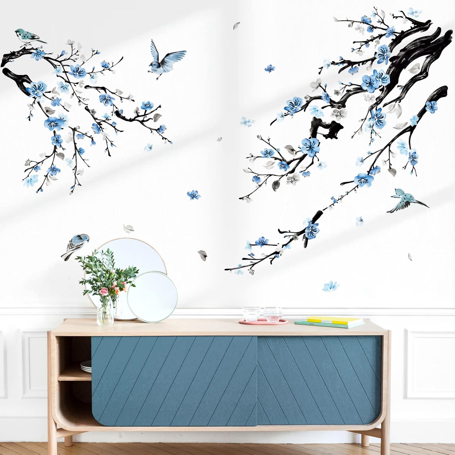 Watercolor Flower Tree Branch Wall Stickers Blossom Floral Birds Peel and Stick Wall Art / B / Blue