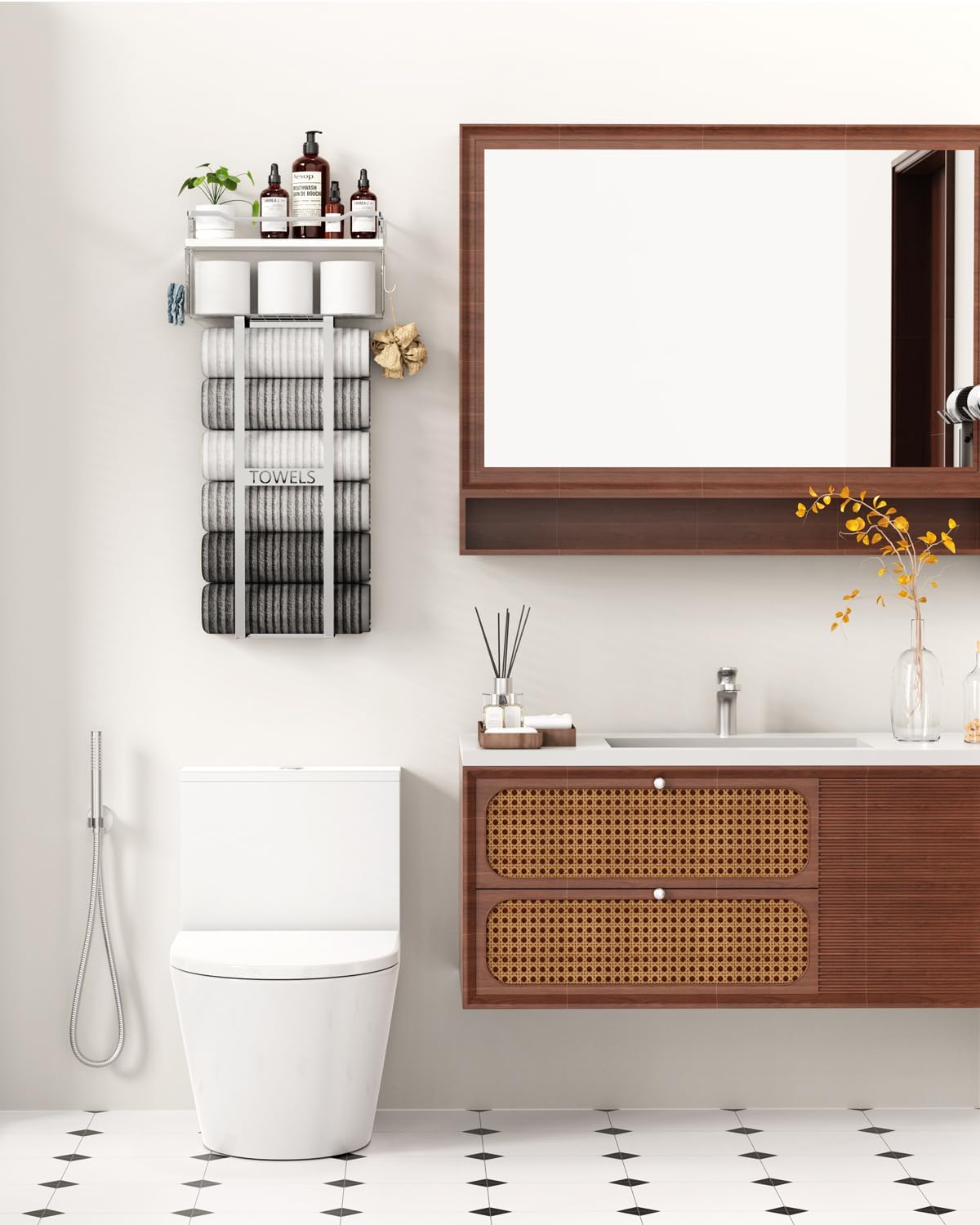 Aetyord Towel Racks for Bathroom - Wall Mounted Metal Rack with Wood Plank, Bathroom Storage Organizer, Towel Holder
