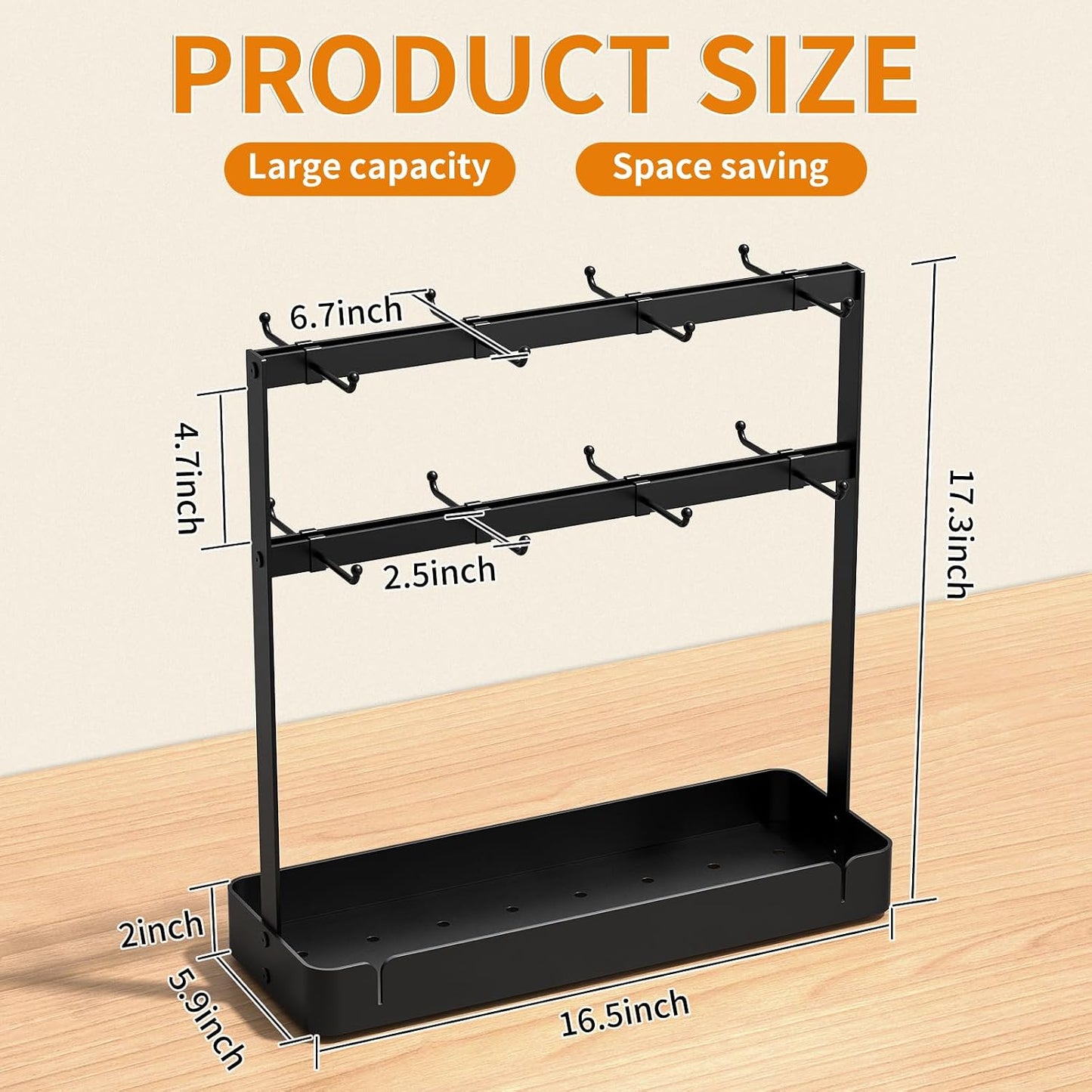 RCHYFEED 2 Tier Coffee Cup Holder with 16 Movable Hooks & Storage Basket | Sturdy Metal Countertop Mug Rack,Drain Tray