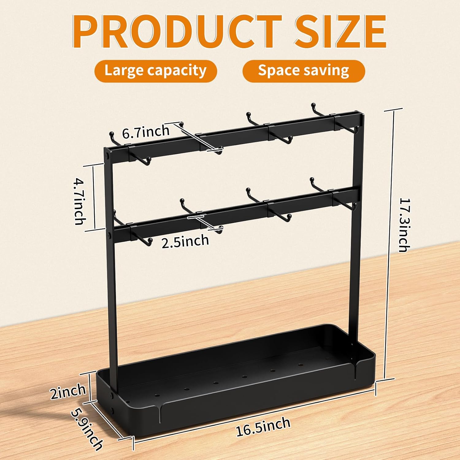 RCHYFEED 2 Tier Coffee Cup Holder with 16 Movable Hooks & Storage Basket | Sturdy Metal Countertop Mug Rack,Drain Tray