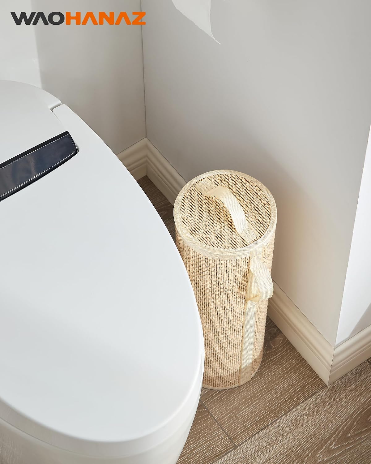 Bamboo Toilet Paper Storage Basket with Lid & Handle - 10L Handwoven Bathroom Organizer for 4 Rolls - Sturdy Stand