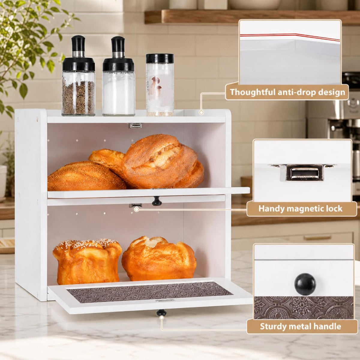 Sunhoo Bread Box for Kitchen Countertop, Large Pine Wood Breadbox, White | Farmhouse Pantry Container, Double Layer
