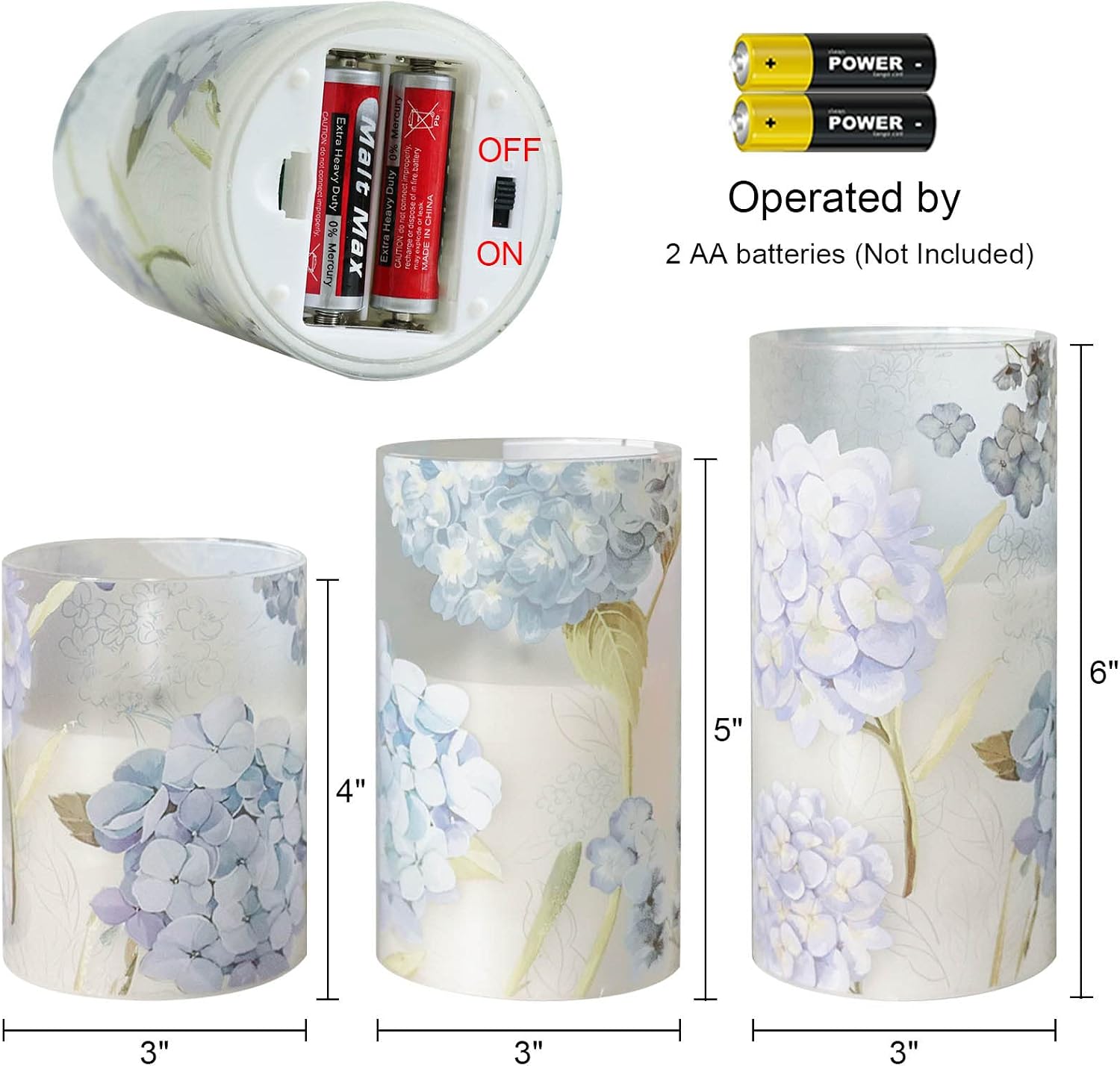 Hydrangea Glass Flameless Candles Batttery Operated Remote Timer | LED Flickering Pillar Candles, Real Wax 400 Hours