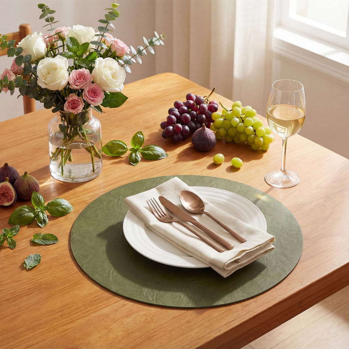 Artoid Mode Olive Green Faux Leather Placemats Set of 12, 15 Inch Waterproof Wipeable Heat Resistant Vinyl Place Mats