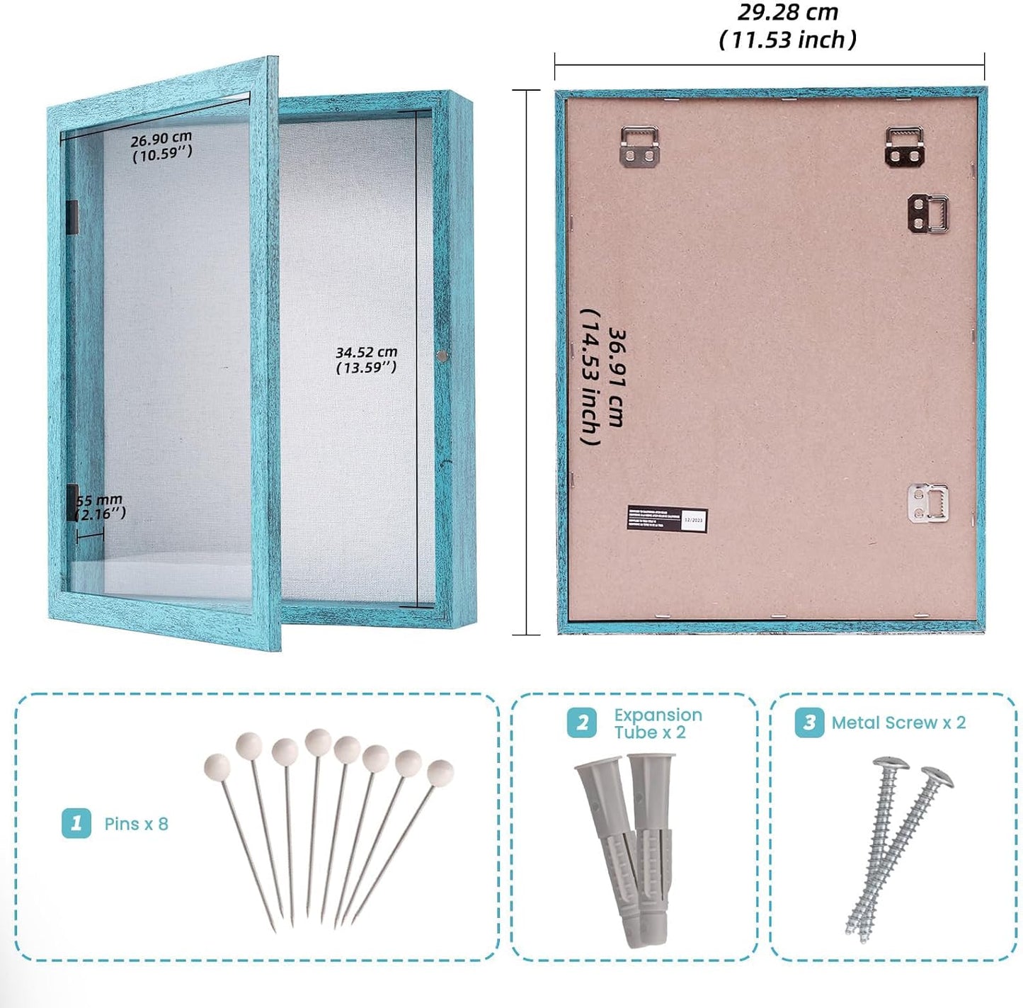 Muzilife 11x14 Shadow Box Picture Frame, 2.16 Deep, HD Glass, Rustic Blue | FSC-Wood, Magnetic Door, Linen Interior &