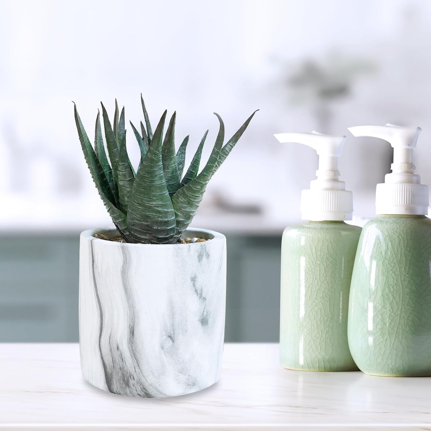 Small Artificial Succulent Potted Plants Fake Aloe Hops String of Pearls in Modern Marble / Set of 3