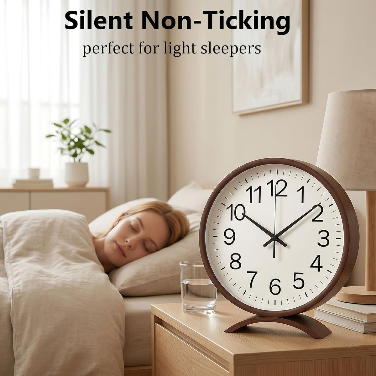 Maxspace Table Clock-8 Inch Silent Non-Ticking Wooden Timepiece Desk Clock, Battery Operated Decor Round Clock for