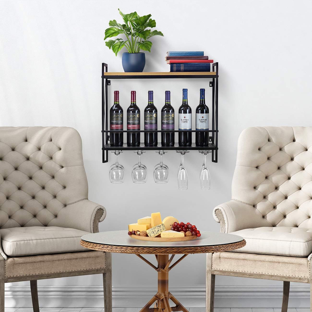 Sorbus Wine Bottle Stemware Glass Rack, Industrial 2-Tier Wood Shelf, Wall Mounted Wine Racks with 5 Stem Glass Holders
