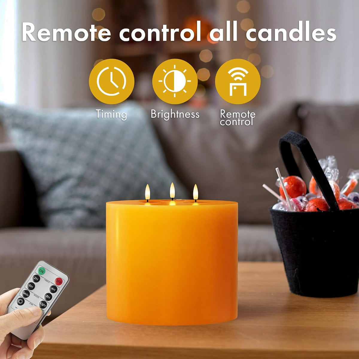 Orange Extra Large Flameless Candles, 6"x6" Battery Operated Candles with Remote, Real Wax Flickering LED Candles with