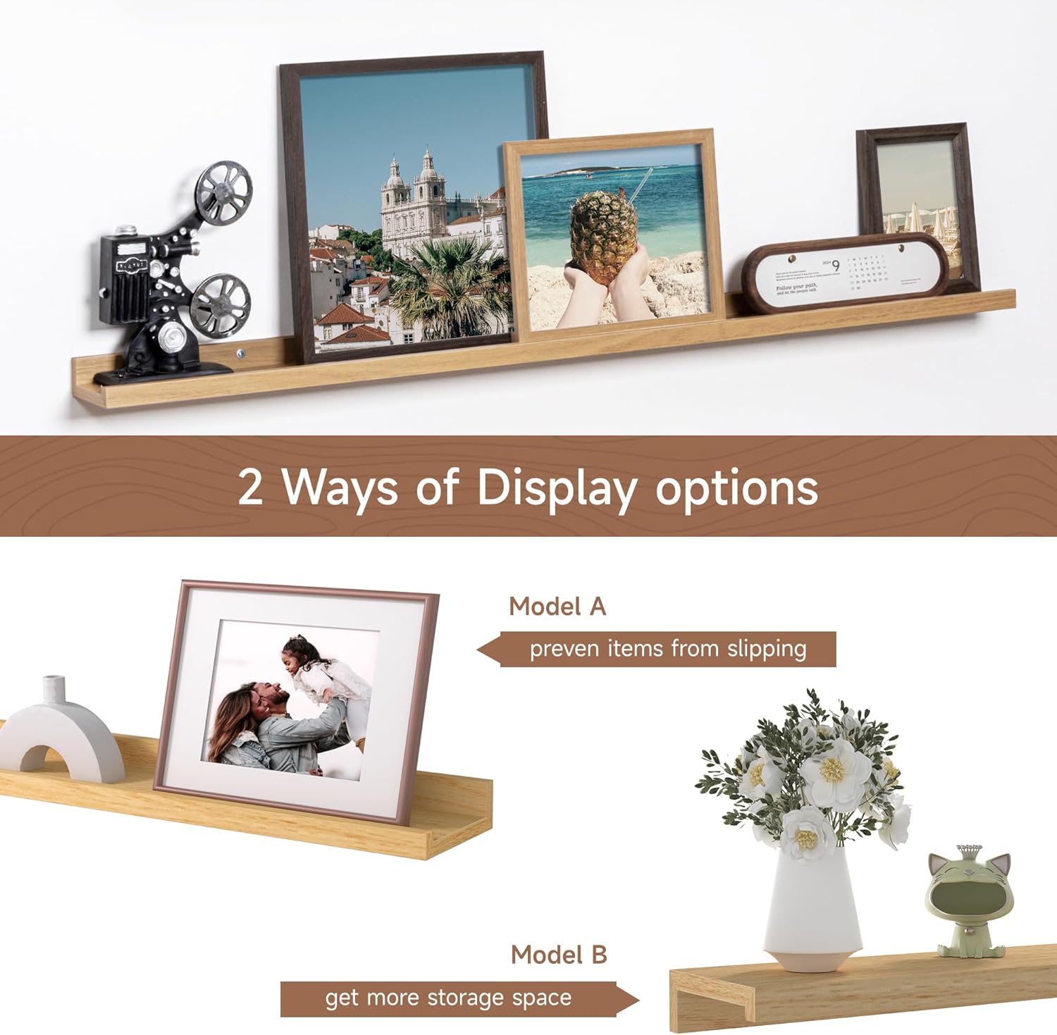 Fun Memories Picture Ledge Shelf, 48 Inch Floating Shelves Set of 2, Large Nursery Book Shelves for Toys Storage, Kids