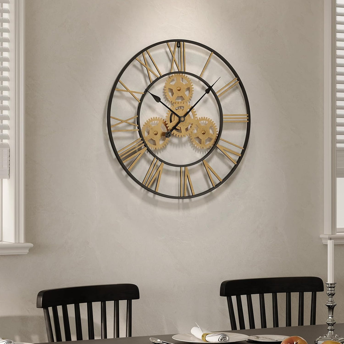 Cuspin 24 Inch Wall Clock Black Gold Industrial Metal Gear Decorative Clock | Silent non ticking, battery operated