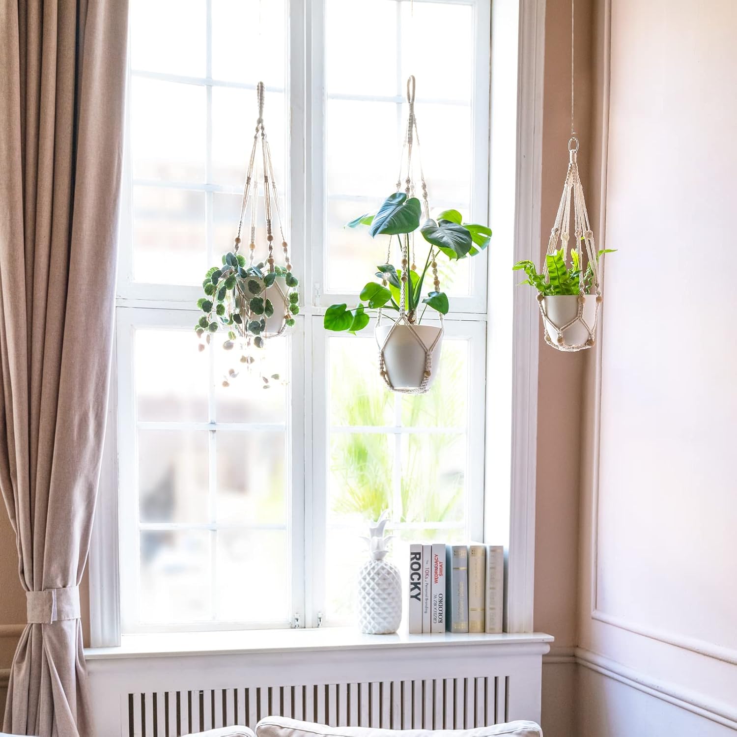 Macrame Plant Hangers Indoor Different Size Hanging Planter Basket / Medium / Ivory / Set of 3