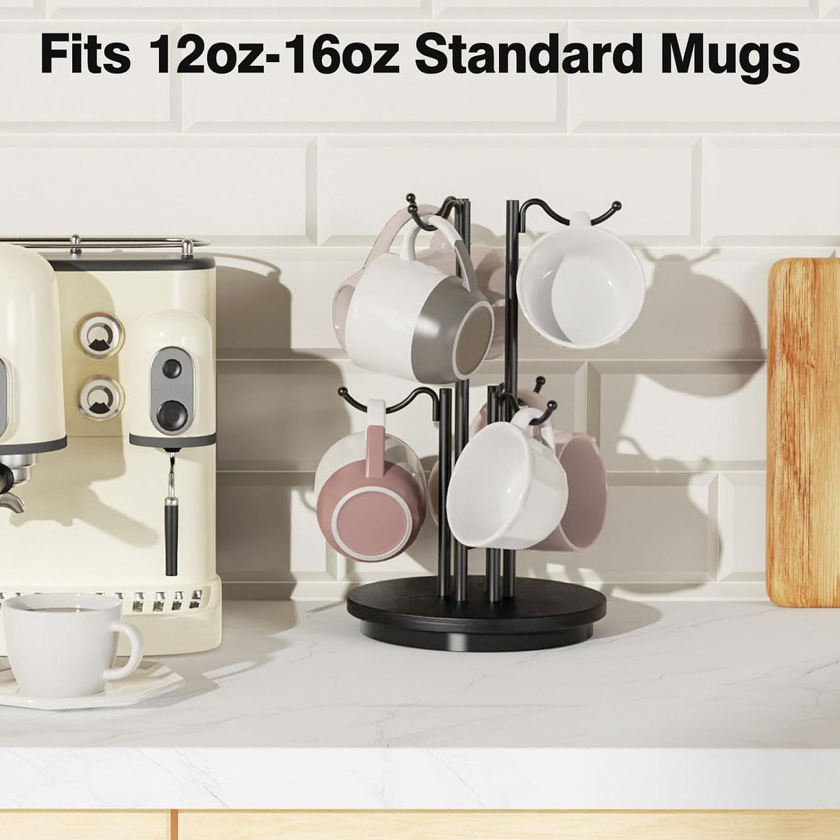 6-Hook 360° Rotating Large Coffee Mug Holder Tree, Wood Base, Black | 360° rotation, 6 mugs (12-16oz), 5.7" spacing
