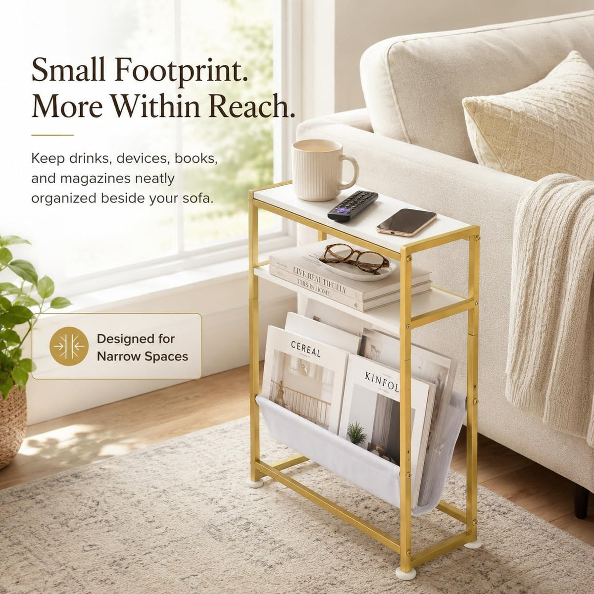 Narrow End Table for Small Spaces - Slim Side Table with Magazine Holder,2 in 1 Design Narrow Coffee Table Living