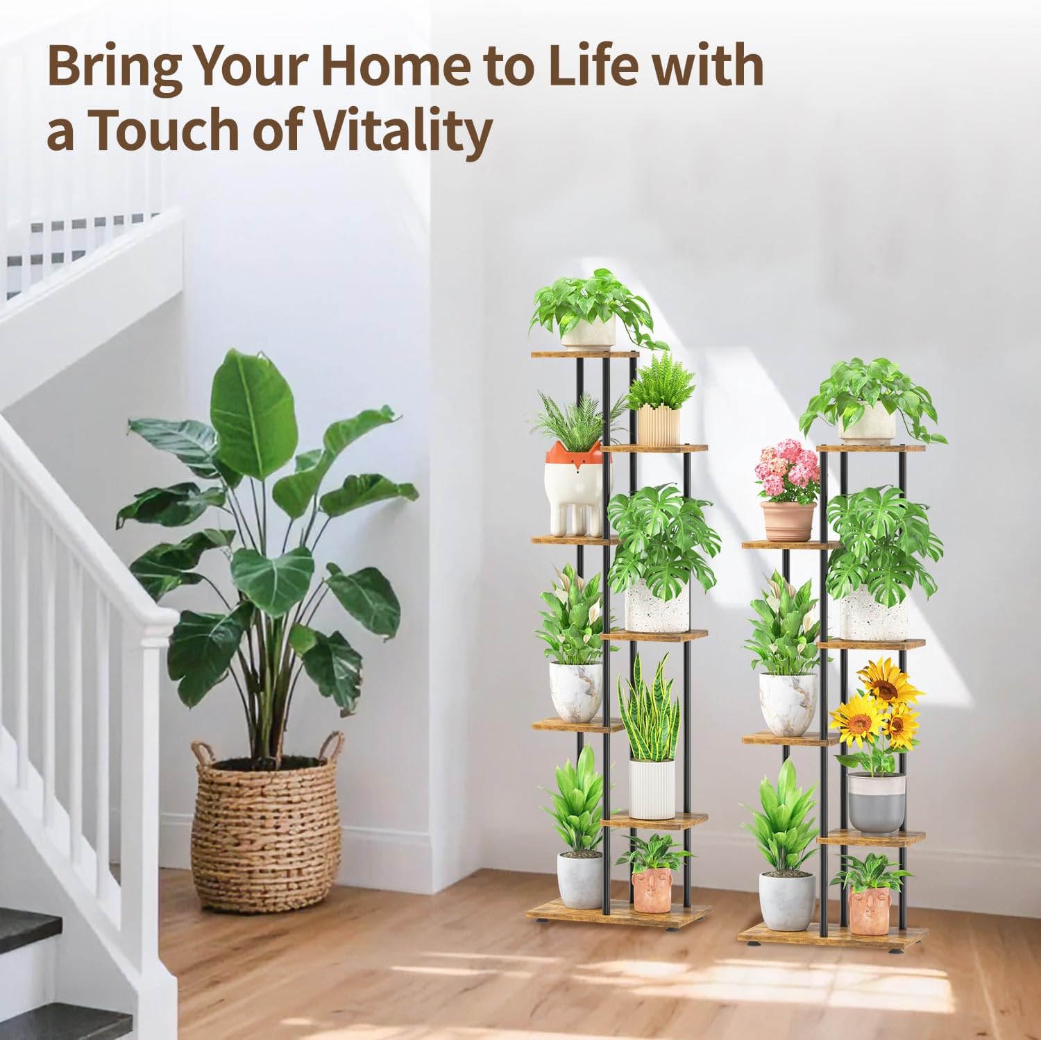 LASZOLA Plant Stand Shelf Tall for Indoor Corner, 6 Tier Wood Brown | Heavy Duty Multi Level Vertical Flower Rack for