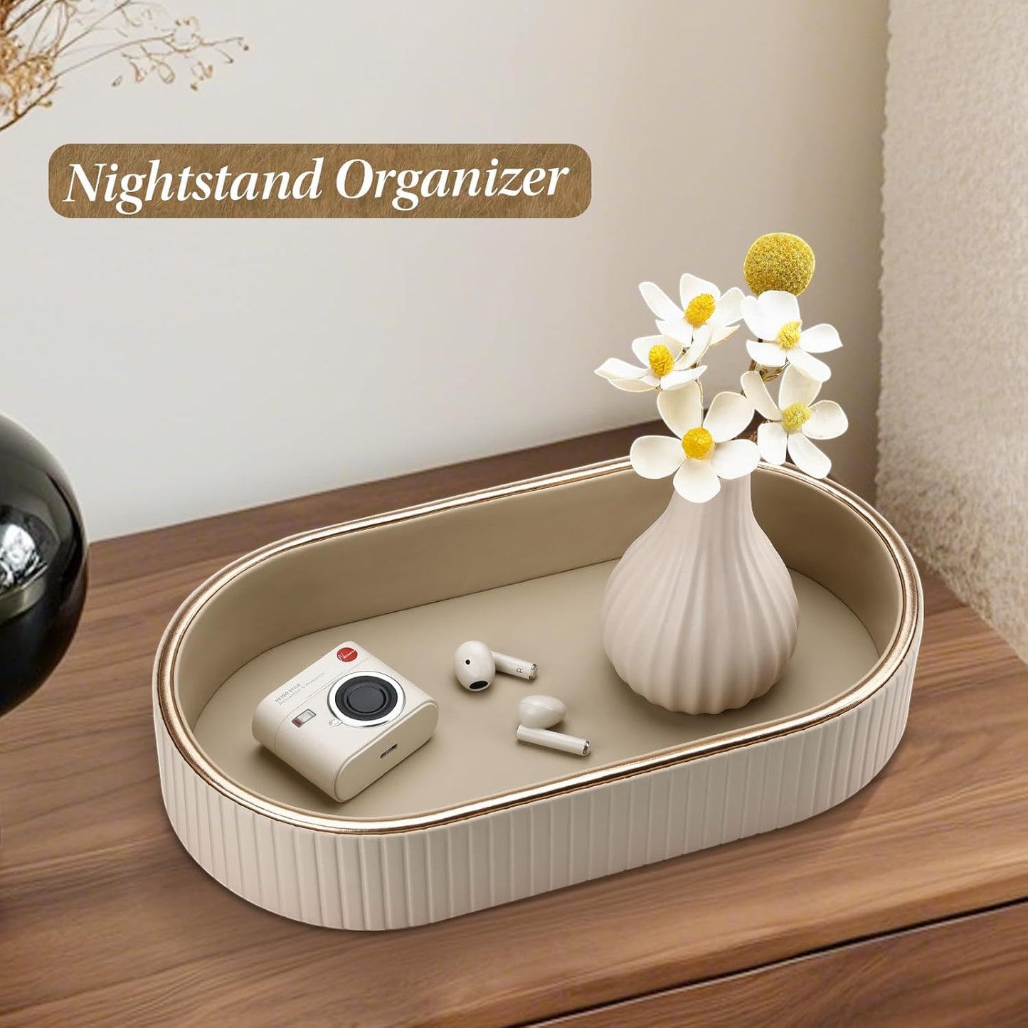 PU Leather Perfume Tray Nightstand Organizer / Beige