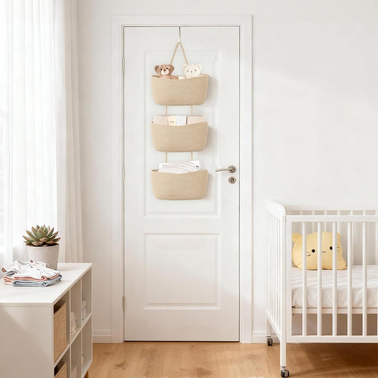 Over The Door Hanging Basket Woven Boho Wall Mounted Storage Organizer / Jute / 3-tier
