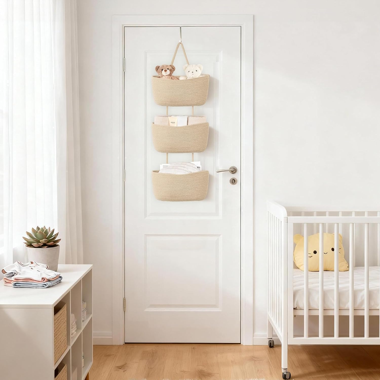 Over The Door Hanging Basket Woven Boho Wall Mounted Storage Organizer / Jute / 3-tier