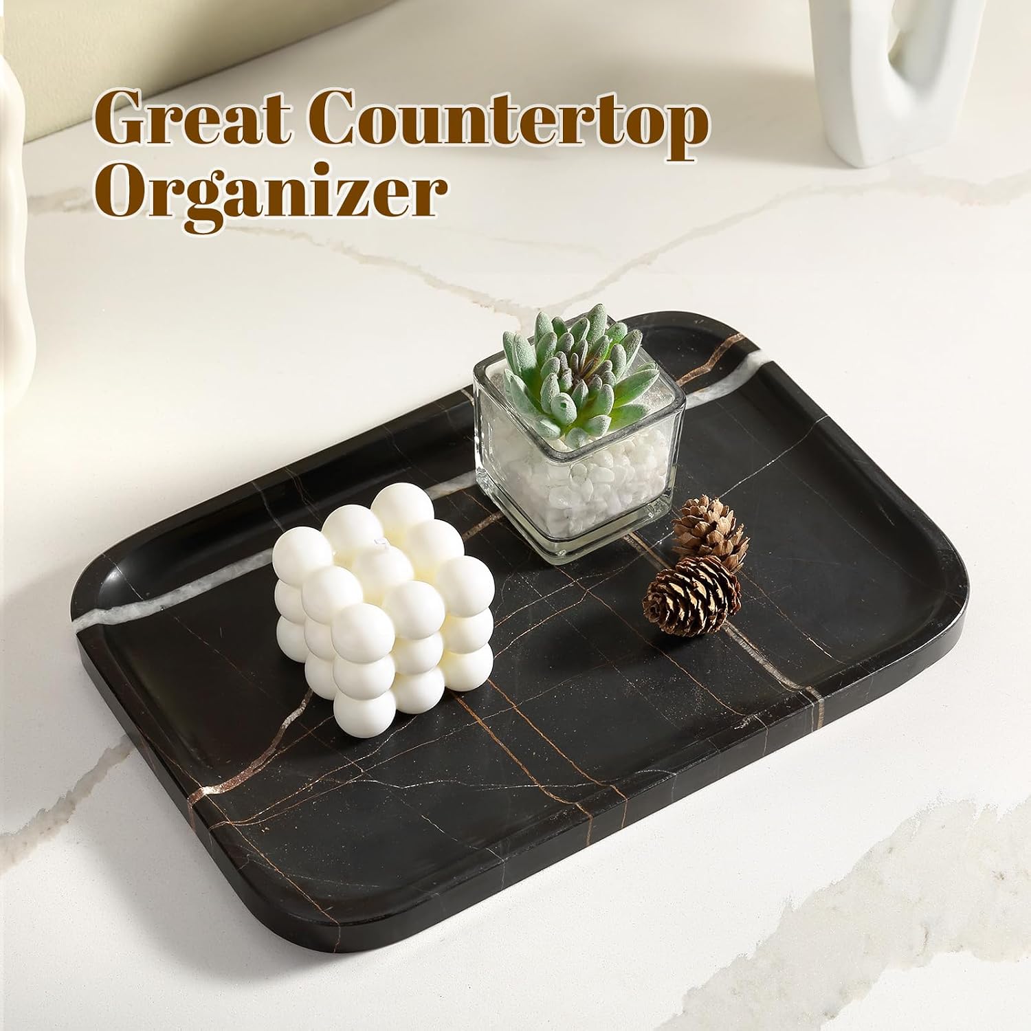 Marble Tray / Natural Marble Vanity Tray for Countertop Bathroom Kitchen Dresser / Black / 12 x 8