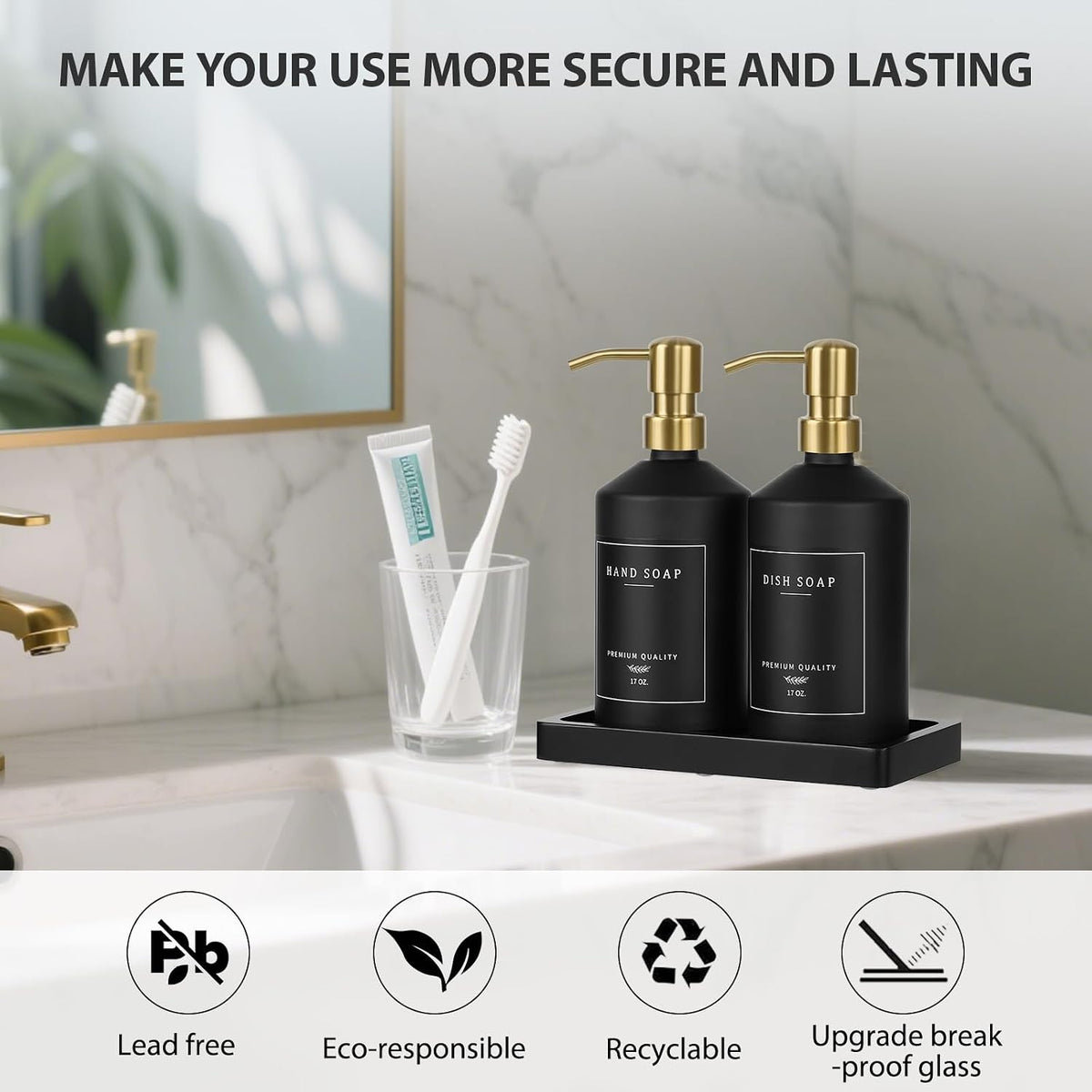 Black Glass Kitchen Hand and Dish Soap Dispenser Set, Bathroom Soap Dispenser Set with Tray and Stainless Steel Pump
