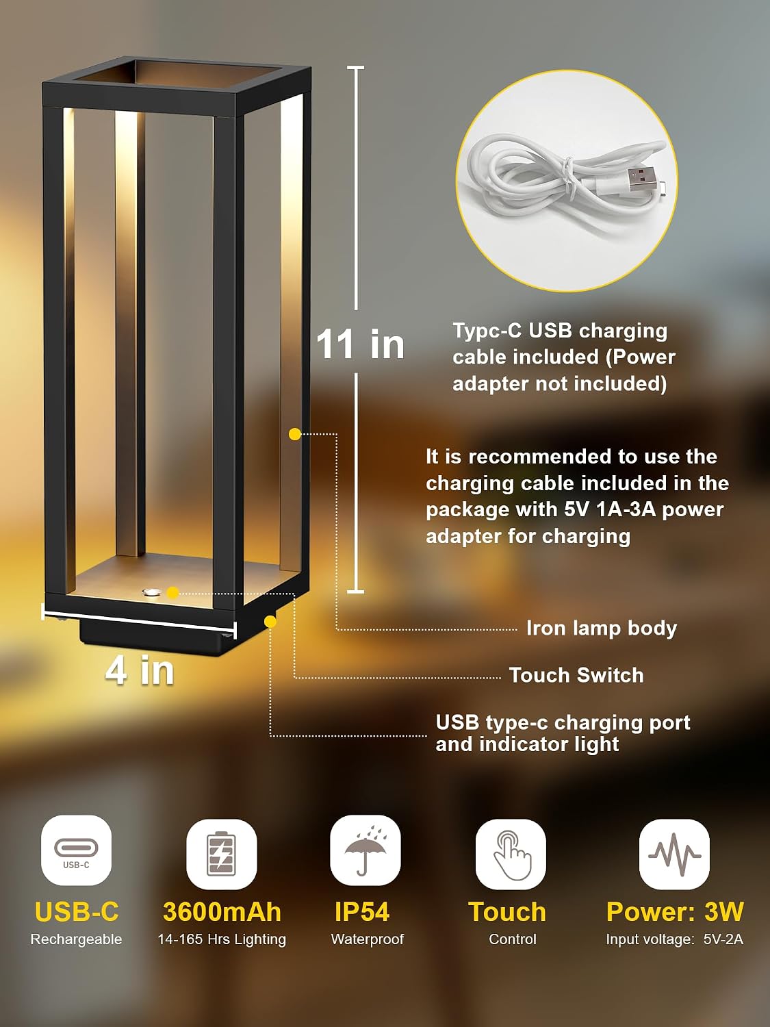 Cordless Table Lamp,Outdoor Rechargeable Table Lamp Waterproof Battery 2PCS | 165H Runtime Modern Black Outdoor Lamp