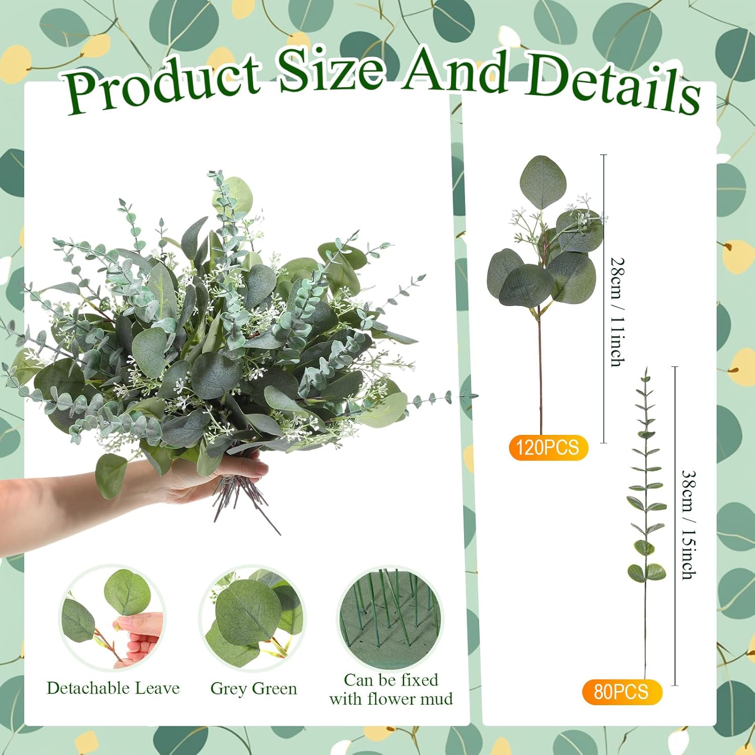 Artificial Eucalyptus Stems / Green / Set of 200