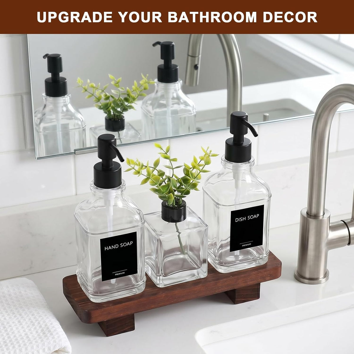 Kitchen Soap Dispenser Set with Wood Tray, Clear Glass Soap Dispenser with Pump, Decorative Hand and Dish Soap