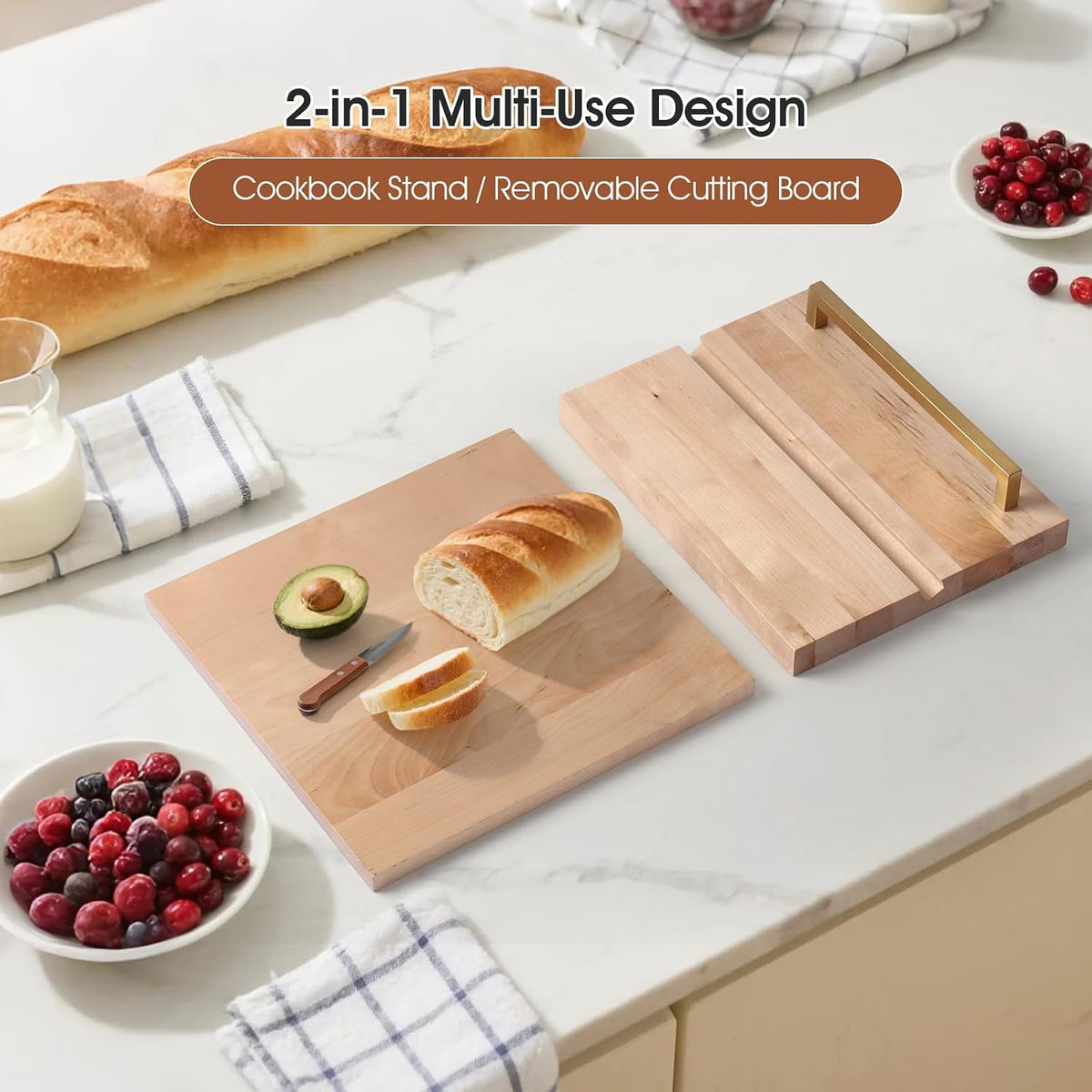 Wooden Recipe Book Holder& Kitchen Serving Tray for Kitchen Counter Decor | Wood Cookbook Stand with Removable Cutting