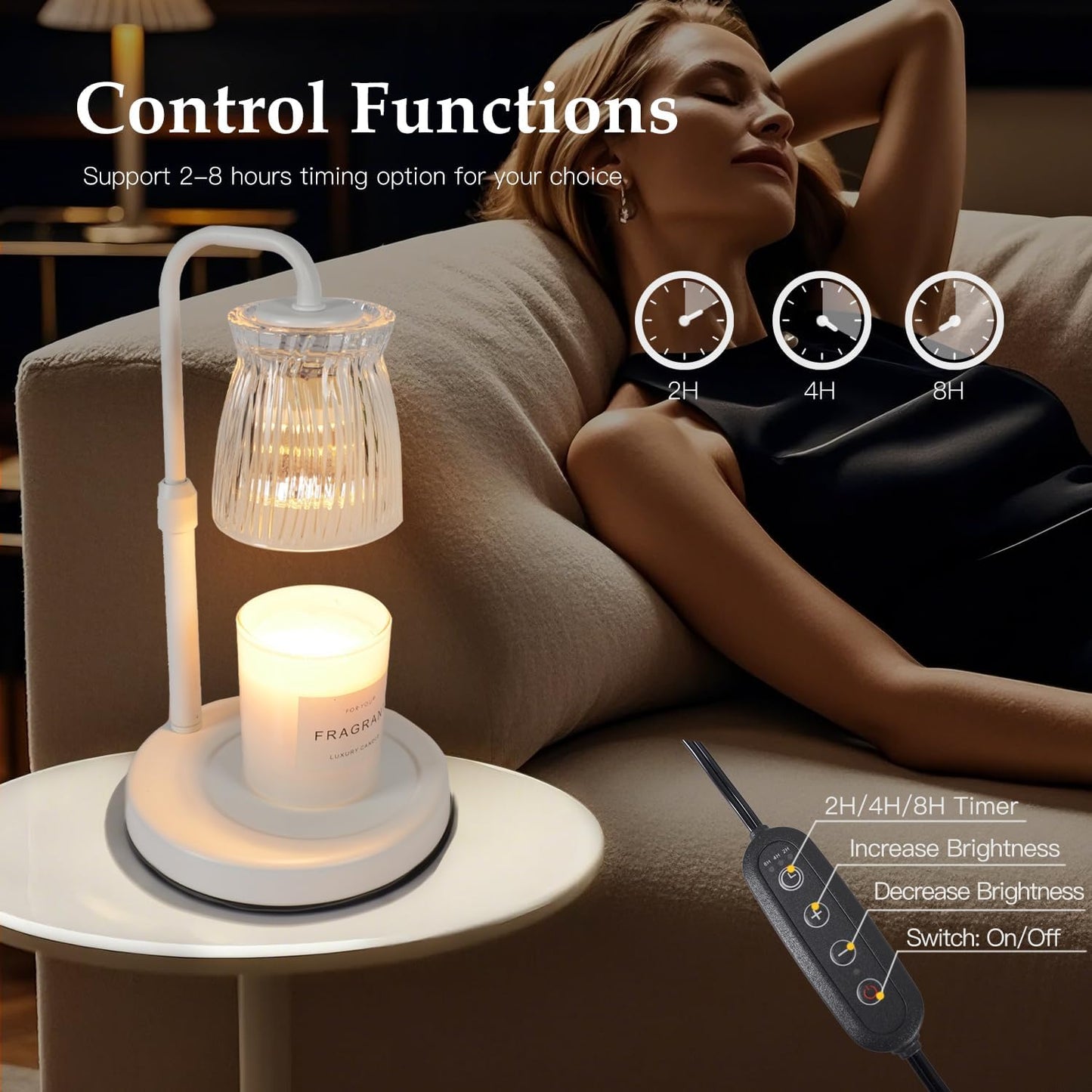 Shering White Candle Warmer Lamp with Timer & Dimmable - Metal Base & Glass Shade, Adjustable Height Wax Melter for Jar