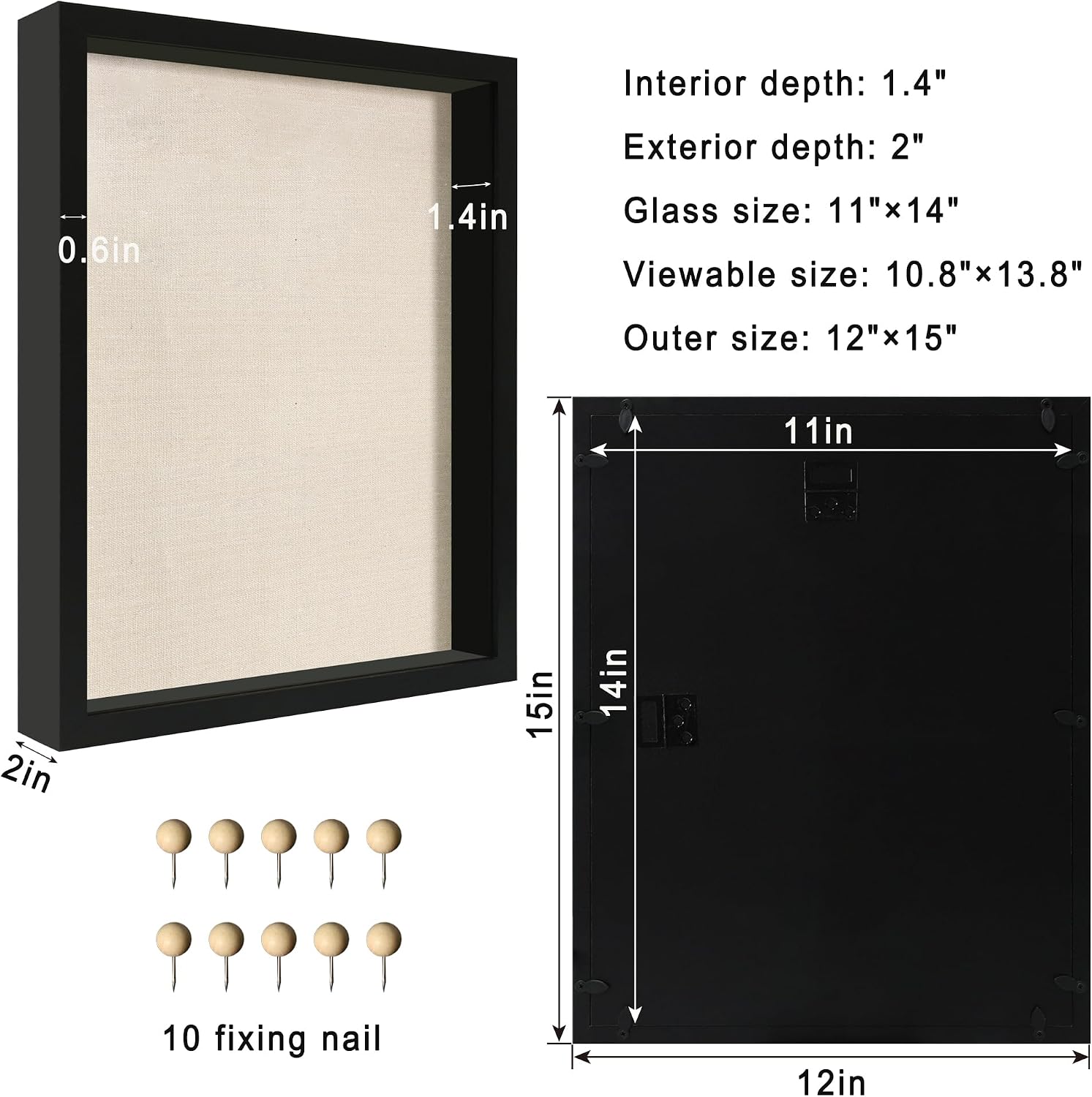 11x14 Shadow Box Display Case with Tempered Glass, Black Wooden Large Memory Shadow Box Frame with Soft Linen Back