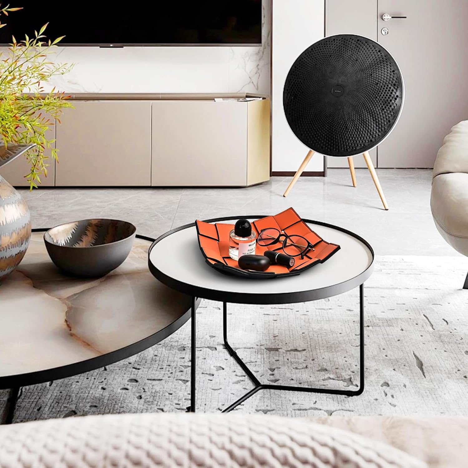 Valet Tray PU Leather Key Holder Bowl for Women and Men Entryway Table Nightstand / Orange + Black