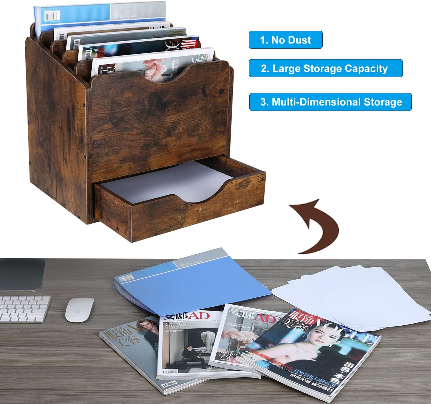 Wood Desktop File Holder Organizer Mail Sorter with Drawer, for File Folders, Mails, Envelopes, Mailing Supplies or