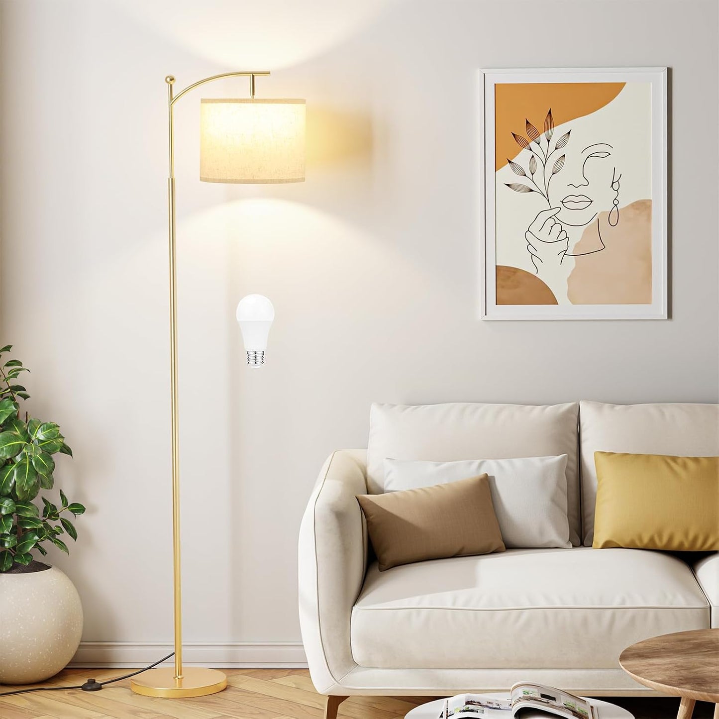 Ambimall 60" Floor Lamp with 3 Color Temperatures, Adjustable Beige Shade, Gold Pole - Tall Lamp for Living Room