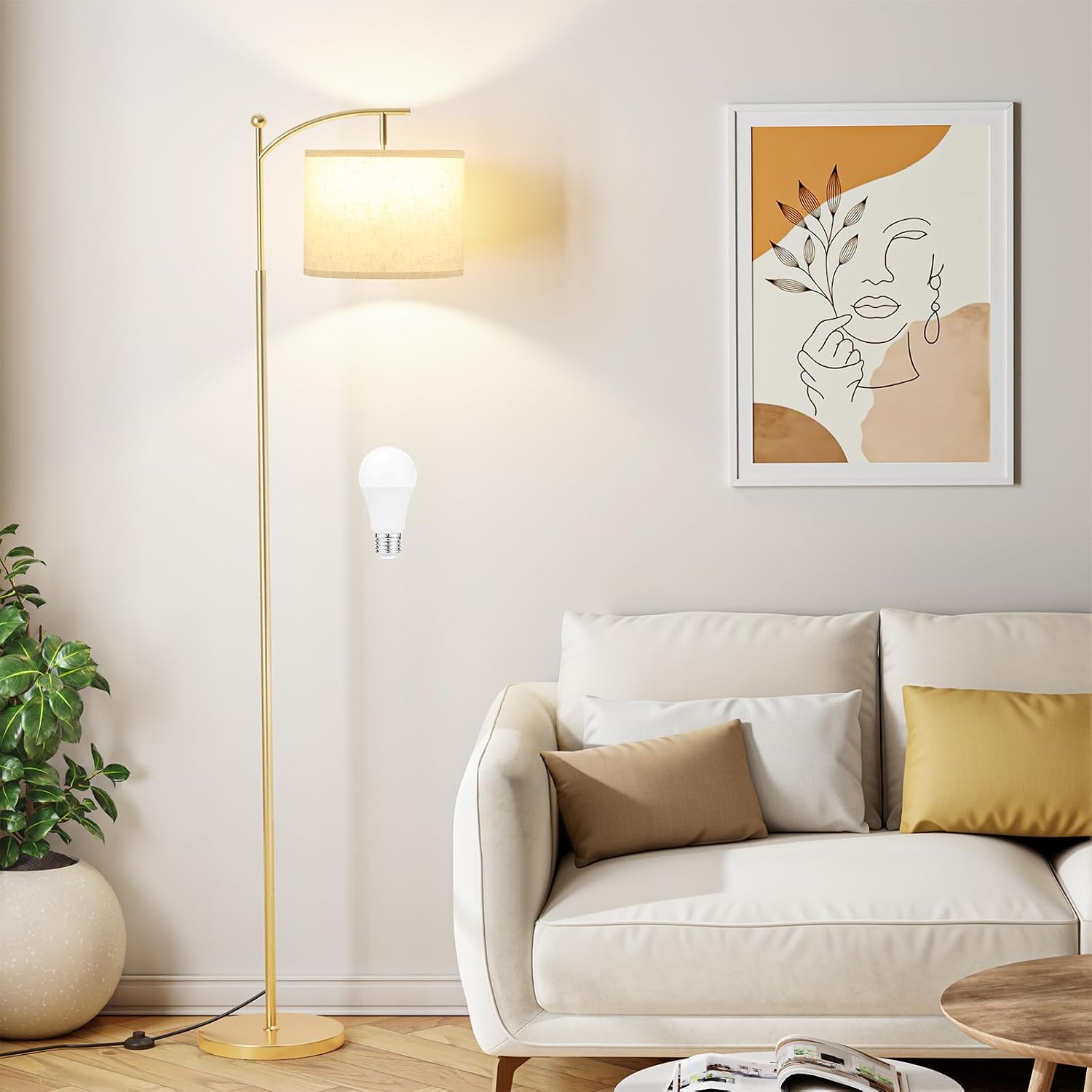 Ambimall 60" Floor Lamp with 3 Color Temperatures, Adjustable Beige Shade, Gold Pole - Tall Lamp for Living Room