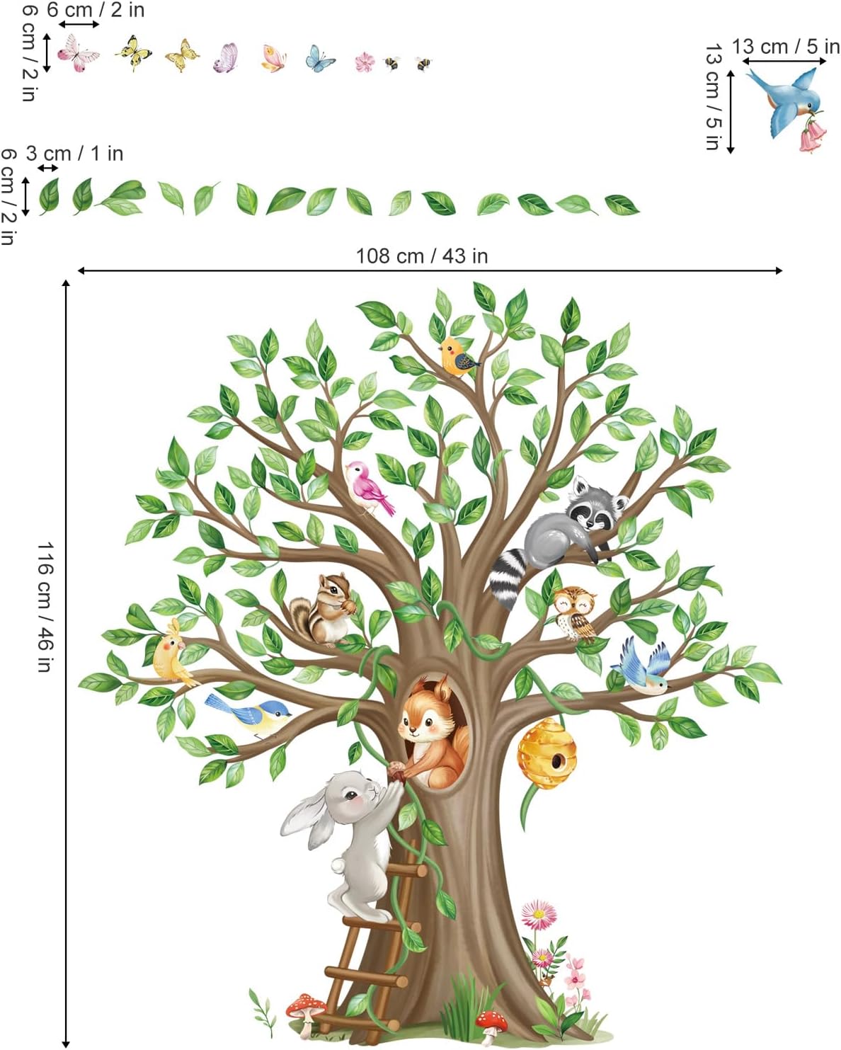 Woodland Animals Large Tree Wall Stickers Forest Animals Rabbit Squirrel Peel and Stick Wall Art