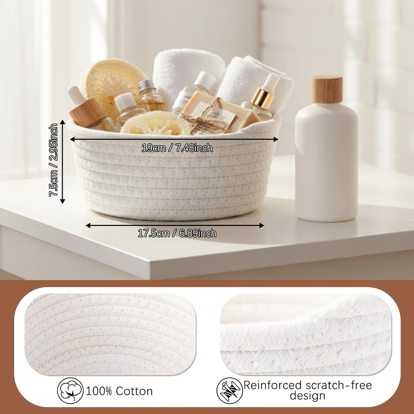 Small Storage Basket Natural Cotton Rope Woven Basket Tiny Boho / Beige / Round / Set of 12