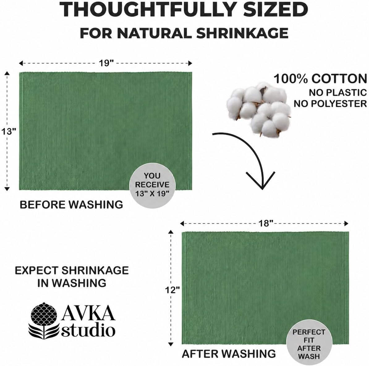 100% Cotton Ribbed Placemats - Set of 4-13 x 19 Inches - Green - Everyday/Christmas Cloth Table Mats - Thick