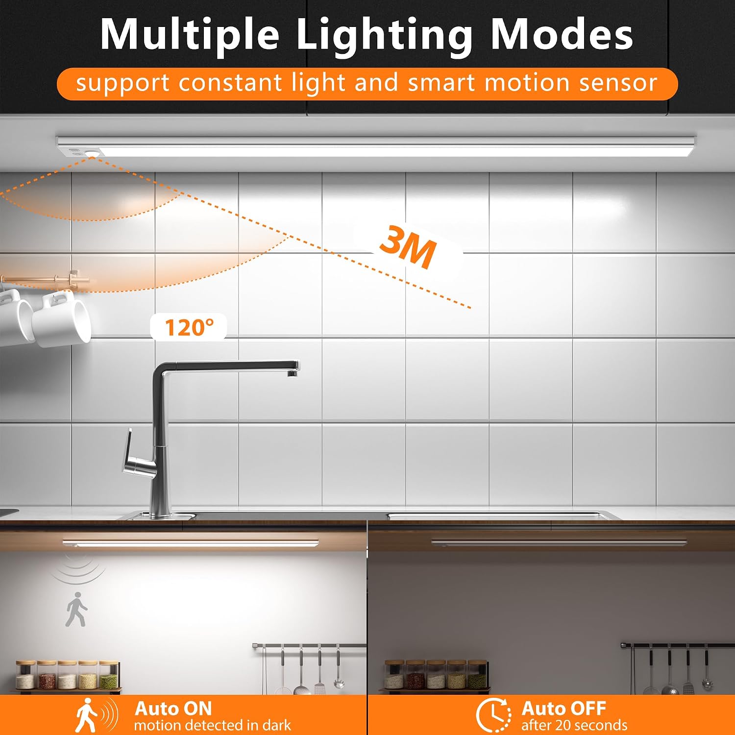 24IN Ultra Long Slim Under Cabinet Lighting, 106 LED 5000mAh 3 Color | 60cm Stepless Dimming Rechargeable Magnetic LED