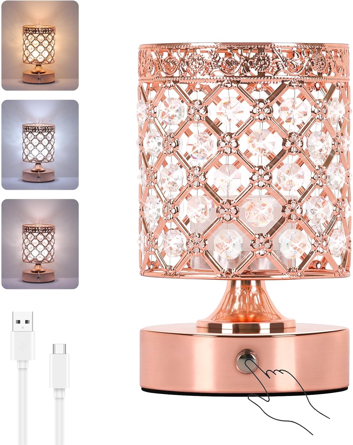 Rose Gold Crystal Rechargeable Cordless Table Lamp, Touch Small Desk Lamp | 6000mAh Battery, 3 Color Temps, Stepless