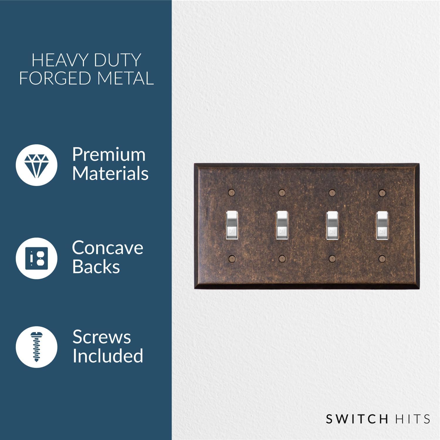 Quad Light Switch Plate GFCI Wall Plate Outlet Cover | 4 Toggle Mottled Antique Brass Electrical Faceplate | Hand