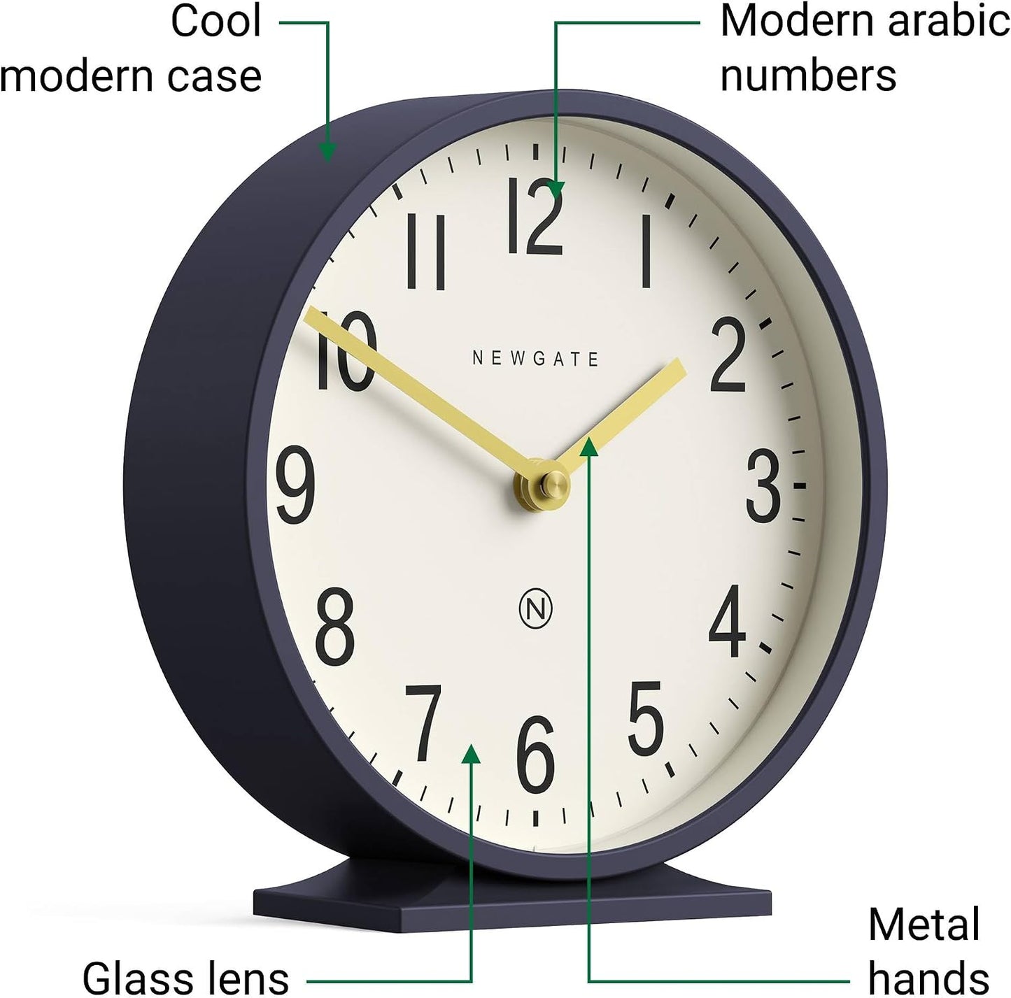 NEWGATE® Q Mantel Clock | Modern Classic Round Mantel Clock | Navy Blue | Contemporary Style for Mantel, Desk, Table