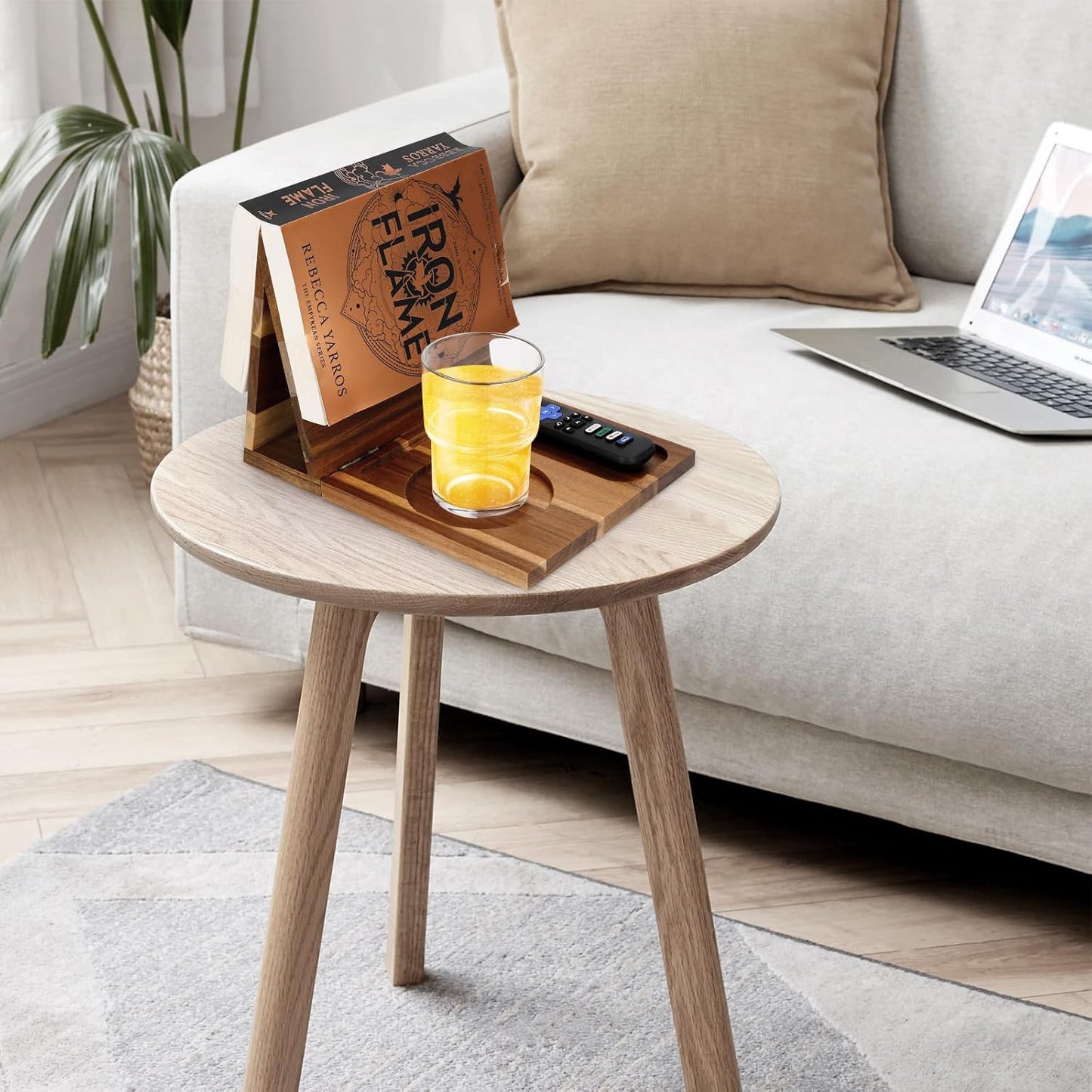 Wooden Book Stand for Reading Rest, Acacia Triangle Book Holder with Cup, Glasses, Pen & Phone Holder, Book Nook
