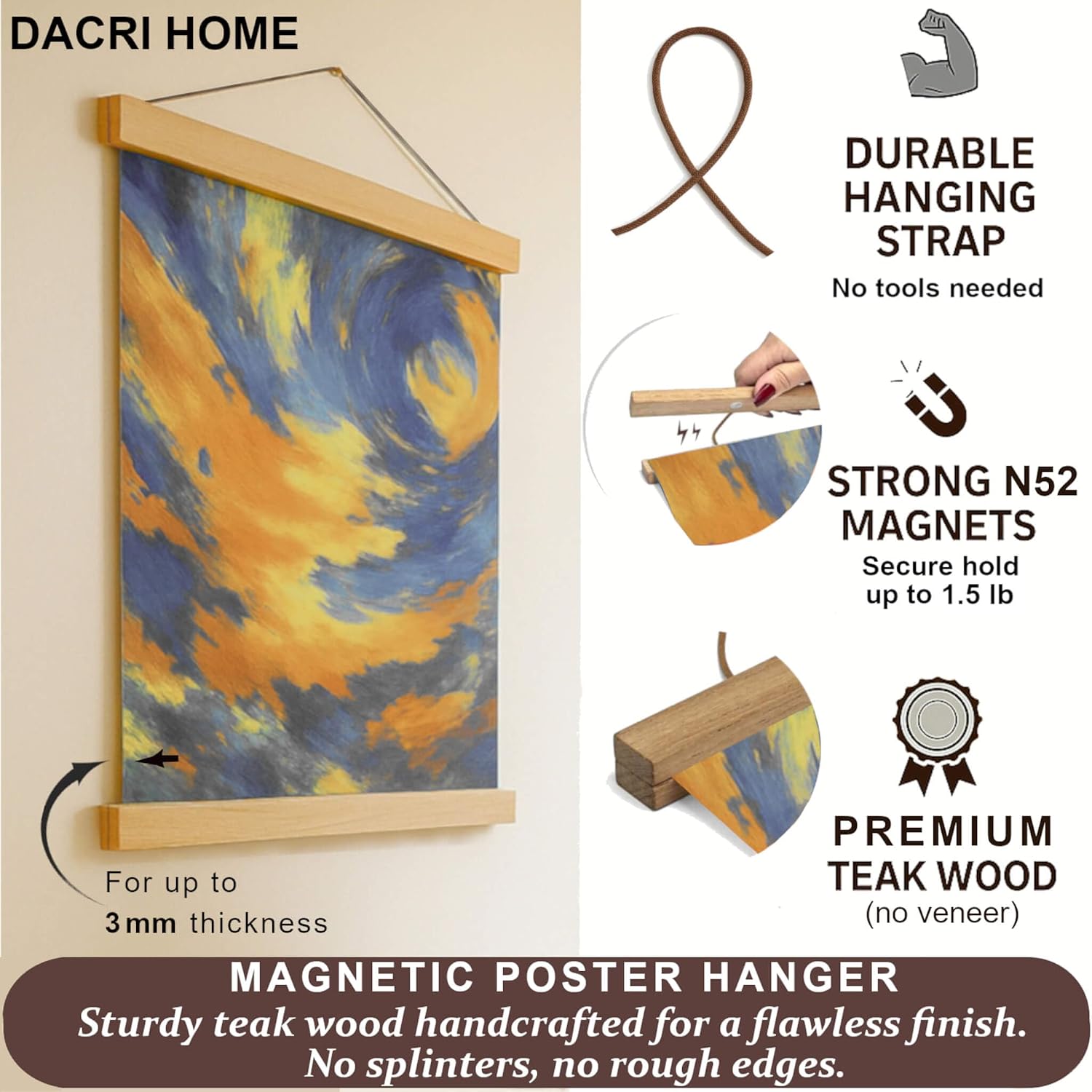 DACRI HOME 24-inch Magnetic Poster Hanger Frame in Teak Wood, Strong Magnets