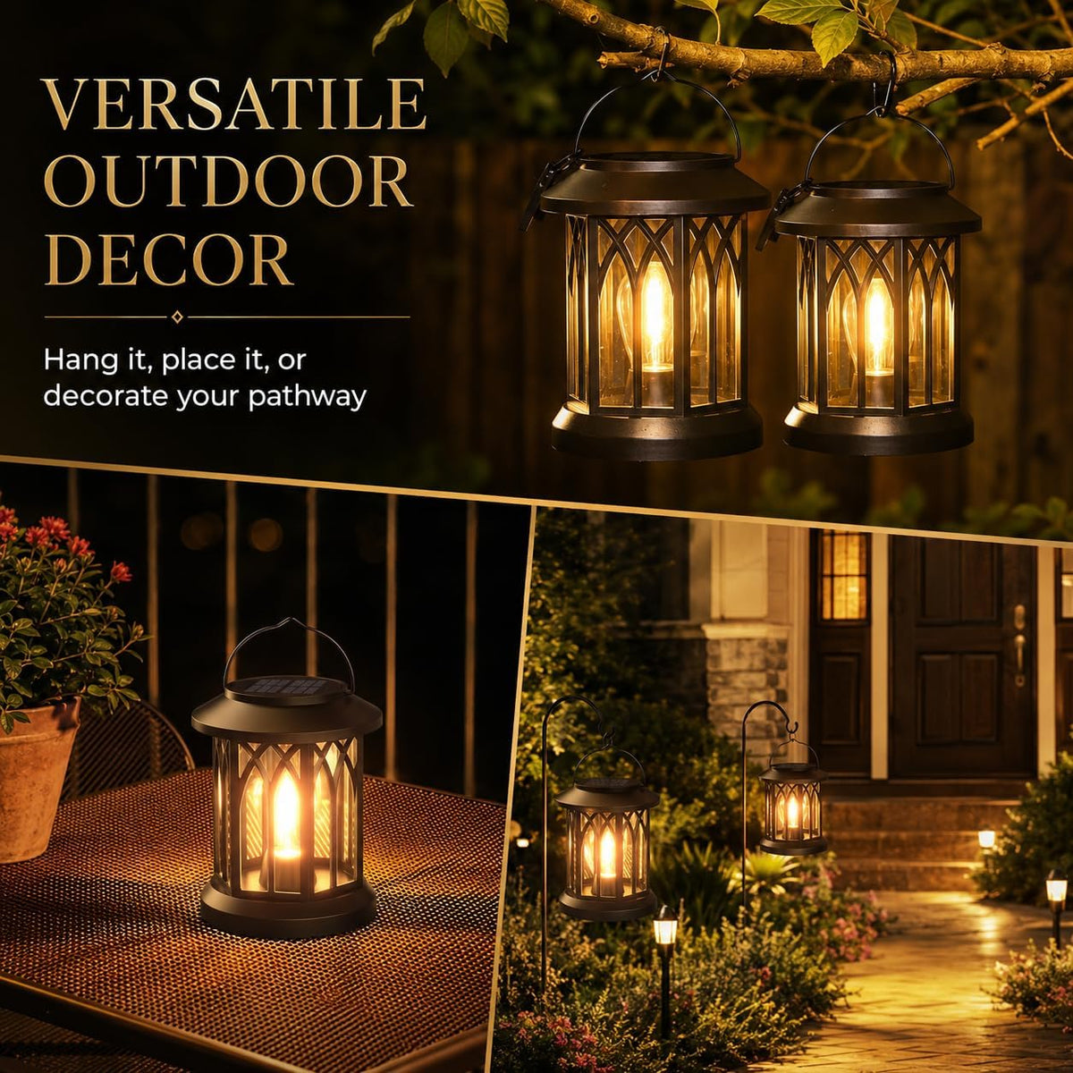 Solar Lanterns Outdoor Waterproof 2 Pack, Hanging Solar Lights with 2700K Warm LED Light, IP65 Solar Powered Lanterns