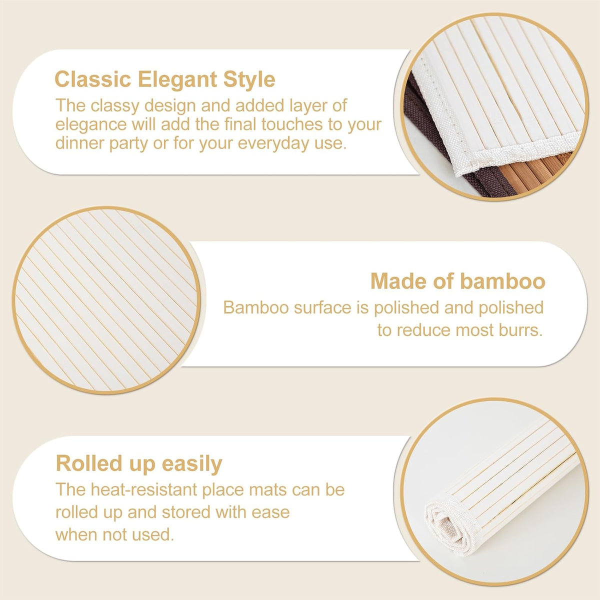 Bamboo Placemats Set of 8 with Fabric Border, Table Mats, White | 18" x 12", Natural Bamboo Rectangular Place Mat, for