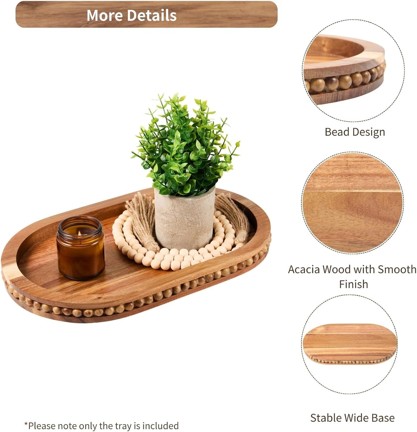 Bead Oval Wooden Serving Tray for Farmhouse Home Decor / Acacia Wood