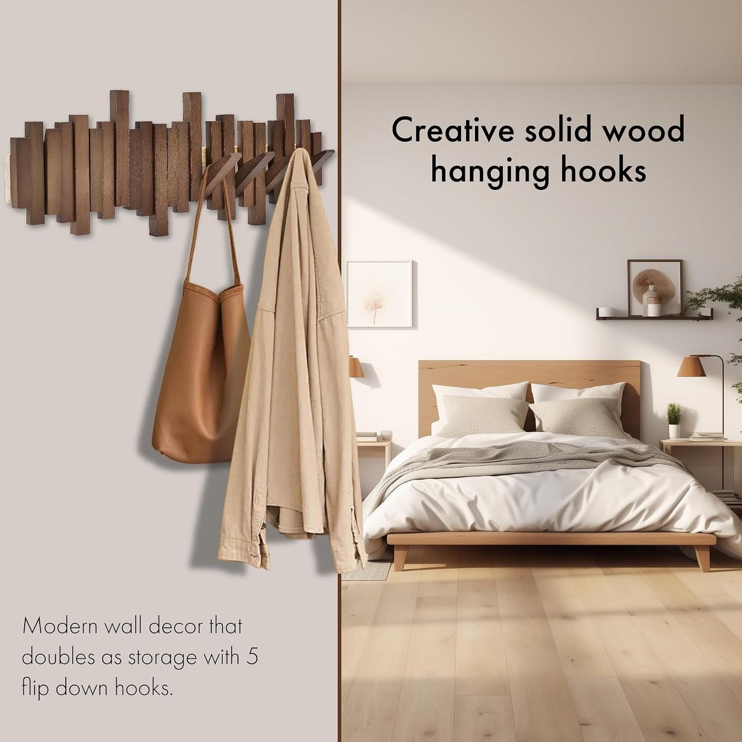 Natural Wood Wall Mounted Piano Coat Rack | Mounted Coat | Flip Up Wall Hook 8 Hooks | Entry Art Hooks in Walnut