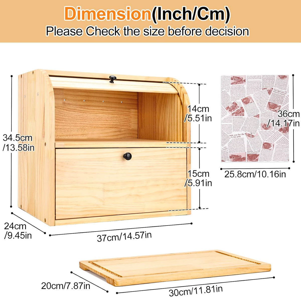 Alpeir Roll Top Bread Box with Cutting Board for Kitchen Countertop | Large Breadbox with Ventilation Holes, Double