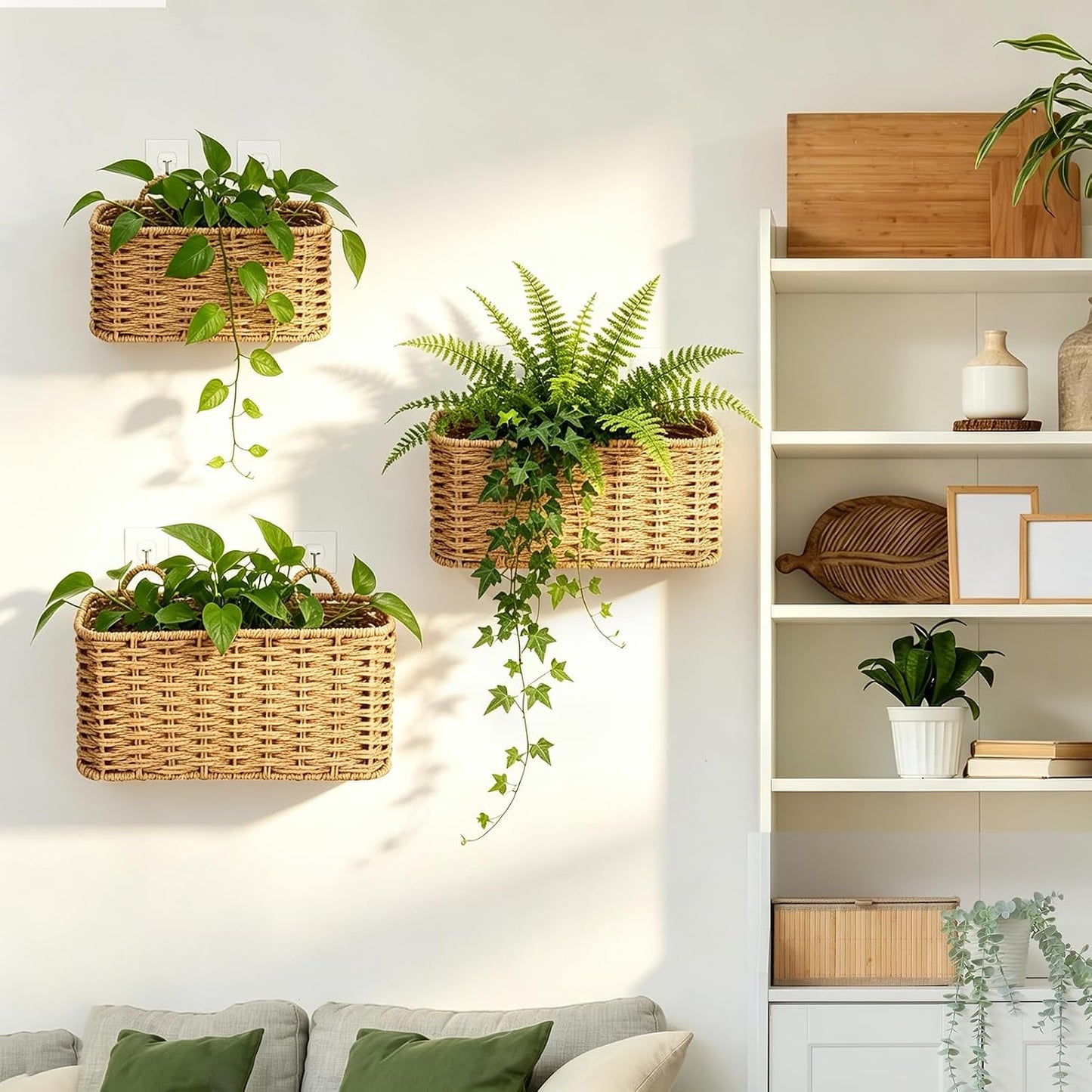 3 Piece Boho Wall Hanging Baskets for Organizing Paper Rope Woven / Natural Color / Rectangular